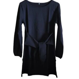 Women's  Dress with Long Sleeves, Belt  and Lantern Sleeves (Black, Large)